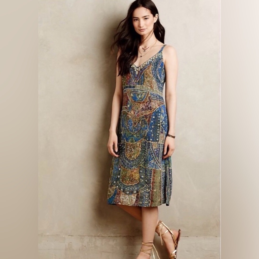 Anthropologie, Sennen beaded silk dress by Leifsdottir size 6